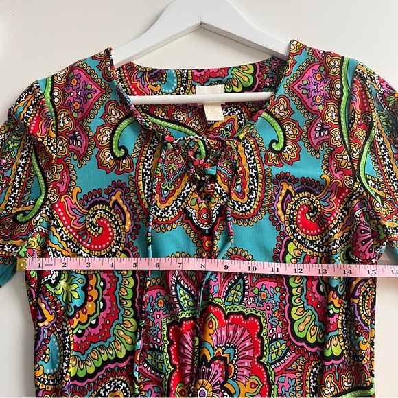 CHICOS Womens 0/4/S Multicolor Retro Paisley Print Top Blouse Criss Cross Tie - Picture 5 of 6
